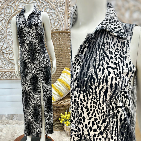 80s Vintage White Leopard Print Sexy Maxi Dress M/L