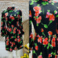 Floral Print 60s Mod Mini High Collar Black Bohemian Vintage Dress M