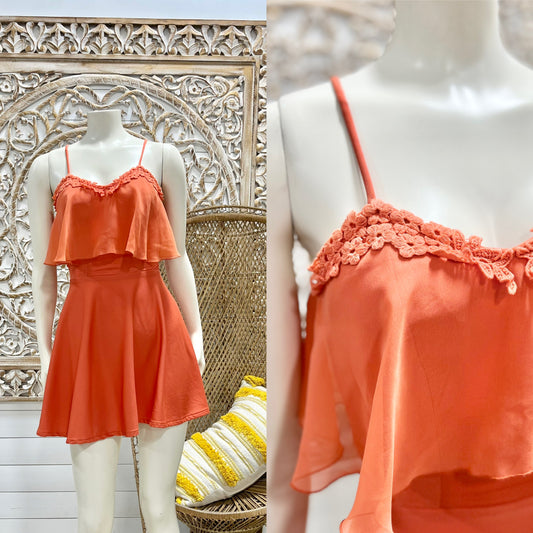 70s Vintage Embroidered Flower Trim Boho Orange Mini Dress XXS