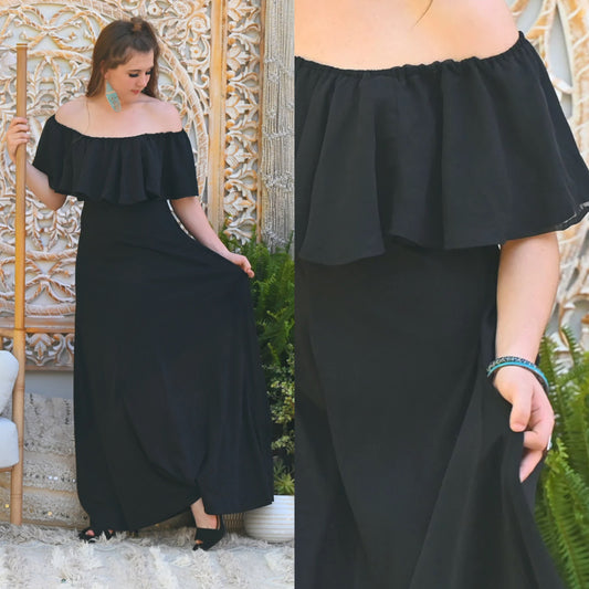 Sultry Black Off Shoulder Vintage 70s Evening Dress M