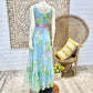 Vintage 60s Cotton Blue Gingham Cottage Core Floral Maxi Dress S