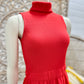 Vintage 70s Red Ribbed High Collar Sexy Secretary Mini Dress S