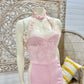 Vintage 70s Fredericks of Hollywood Lace Pink Halter Romper Jumpsuit XS/S