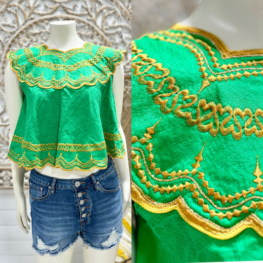 Vintage 80s Gold and Green Scalloped Embroidered Crop Top M