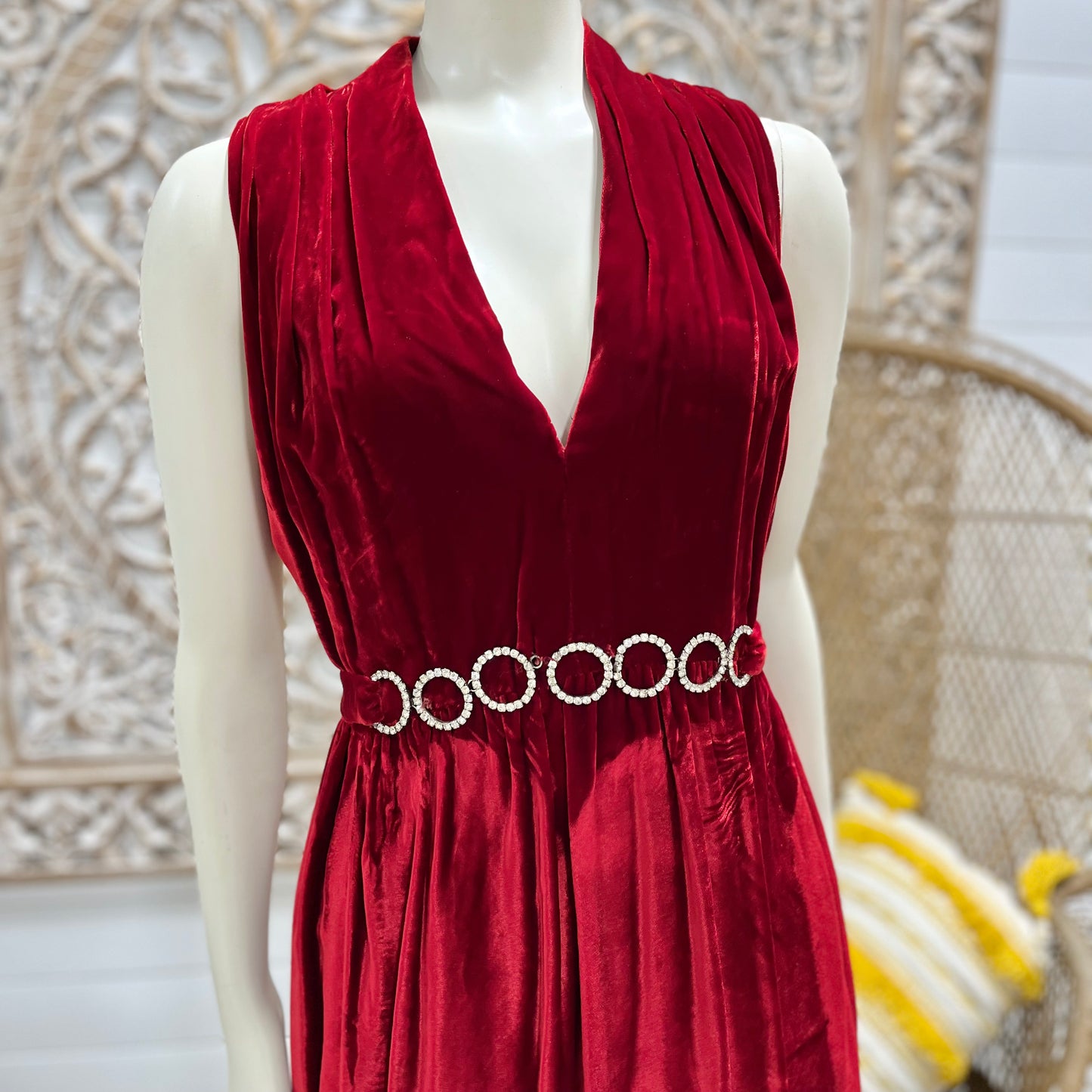 70s Red Crushed Velvet Victor Costa Vintage Mini Evening Dress M