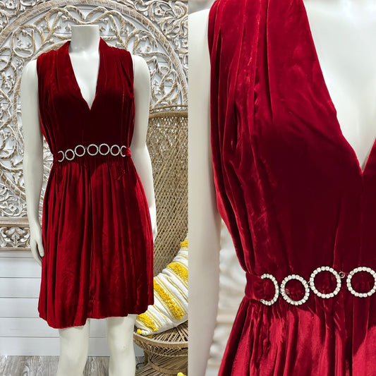 70s Red Crushed Velvet Victor Costa Vintage Mini Evening Dress M