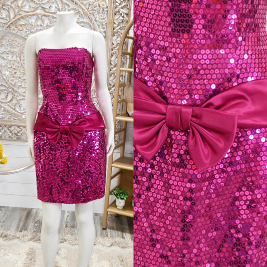 Vintage 80s Barbie Core Fuchsia Pink Sequin Cocktail Party Mini Dress S