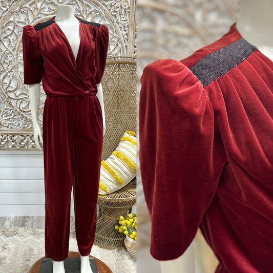 80s Velour Metallic Disco Vintage V Neck Jumpsuit L