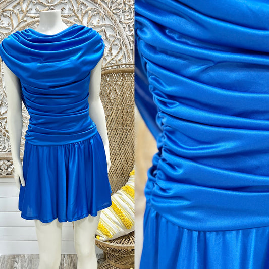 80s Vintage Electric Blue Gathered Draped Mini Party Dress M