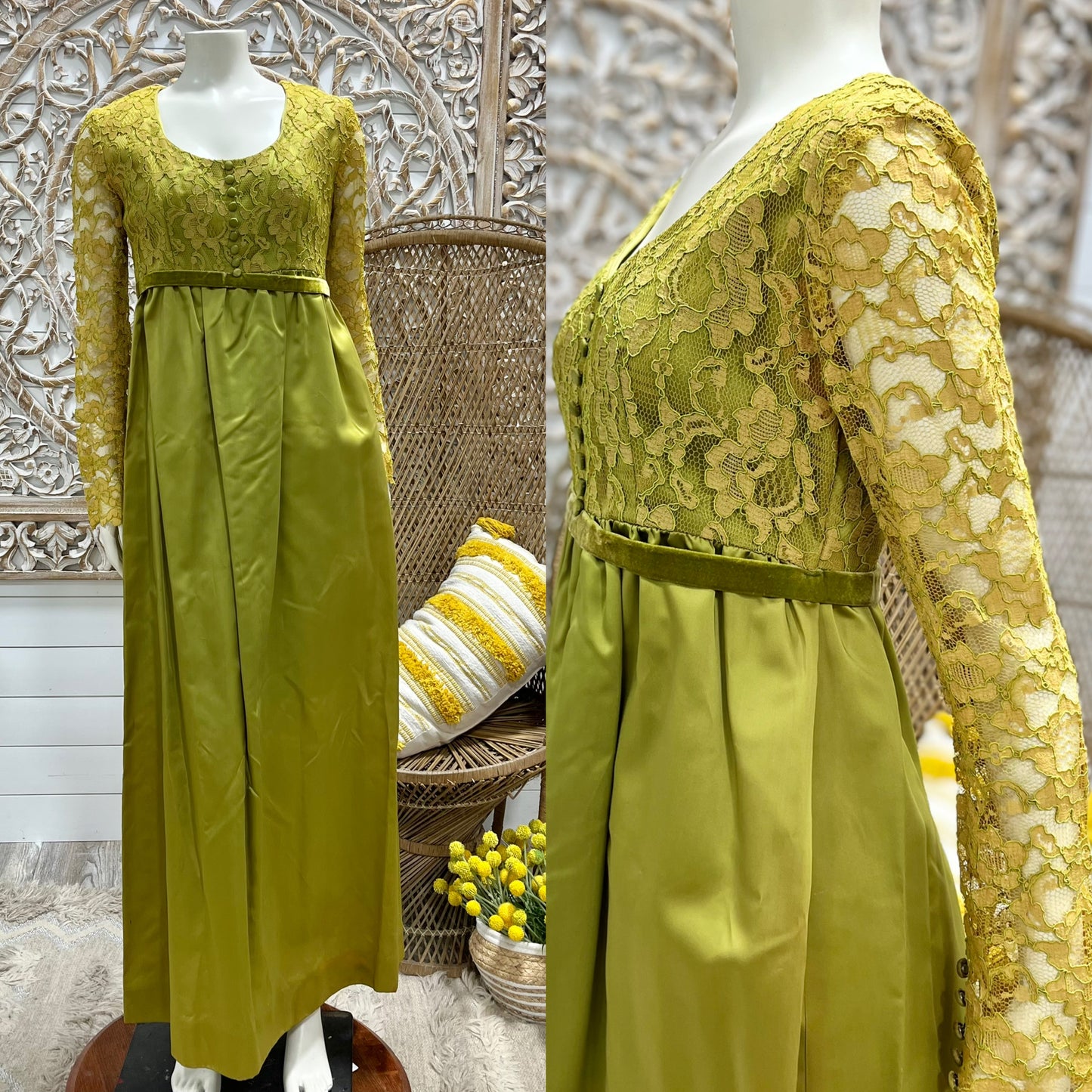 60s Mod Chartreuse Green Lace Elegant Evening Maxi Dress S