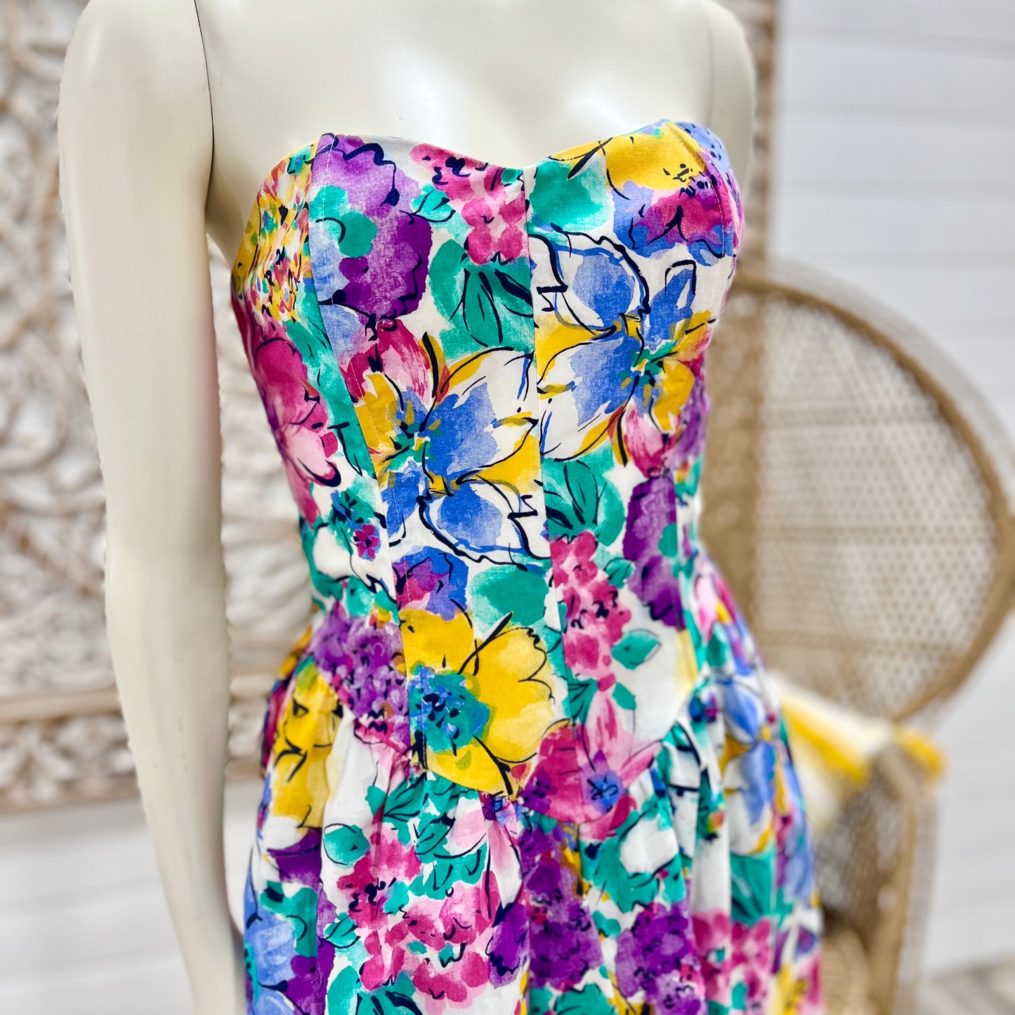 Vintage 80s Smocked Spring Colorful Floral Sun Dress M/L