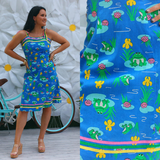 Vintage 70s Novelty Frog Lilly Pads Sun Dress XS