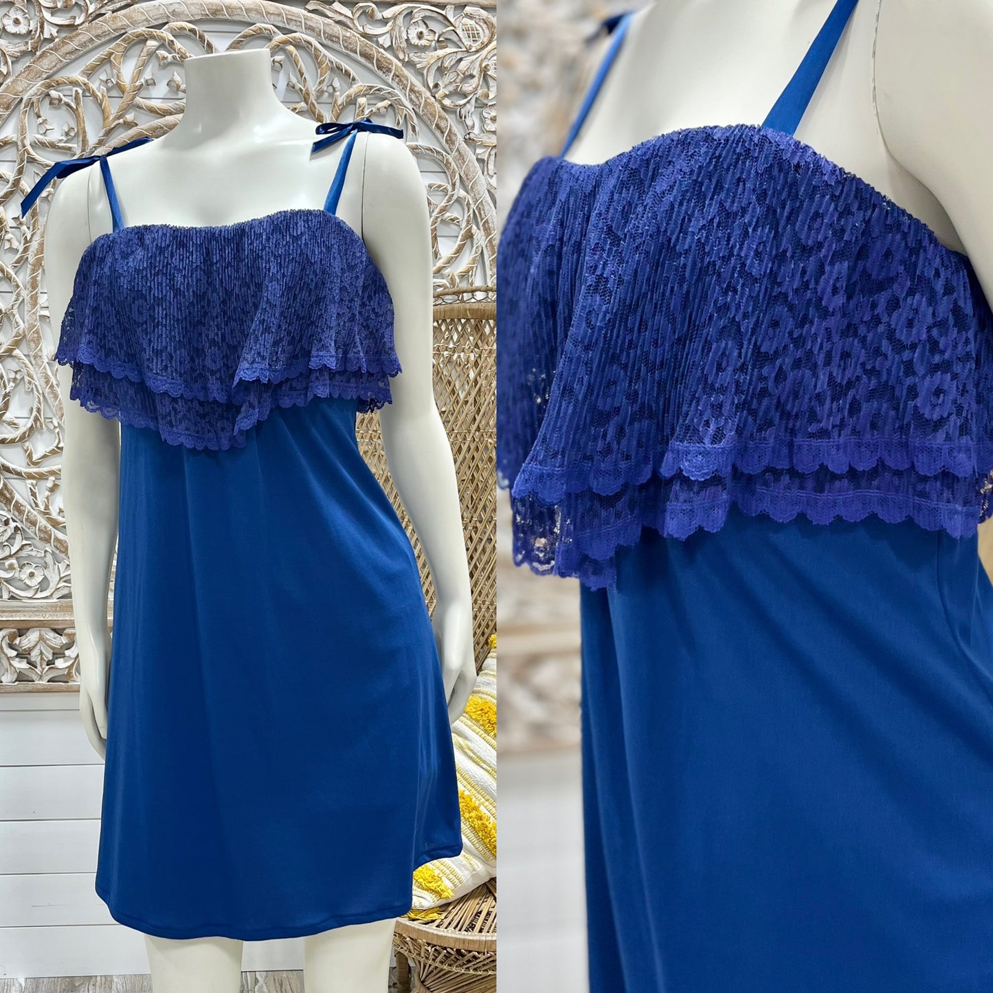 70s Pleated Lace Sexy Blue Empire Mini Vintage Dress XS/S