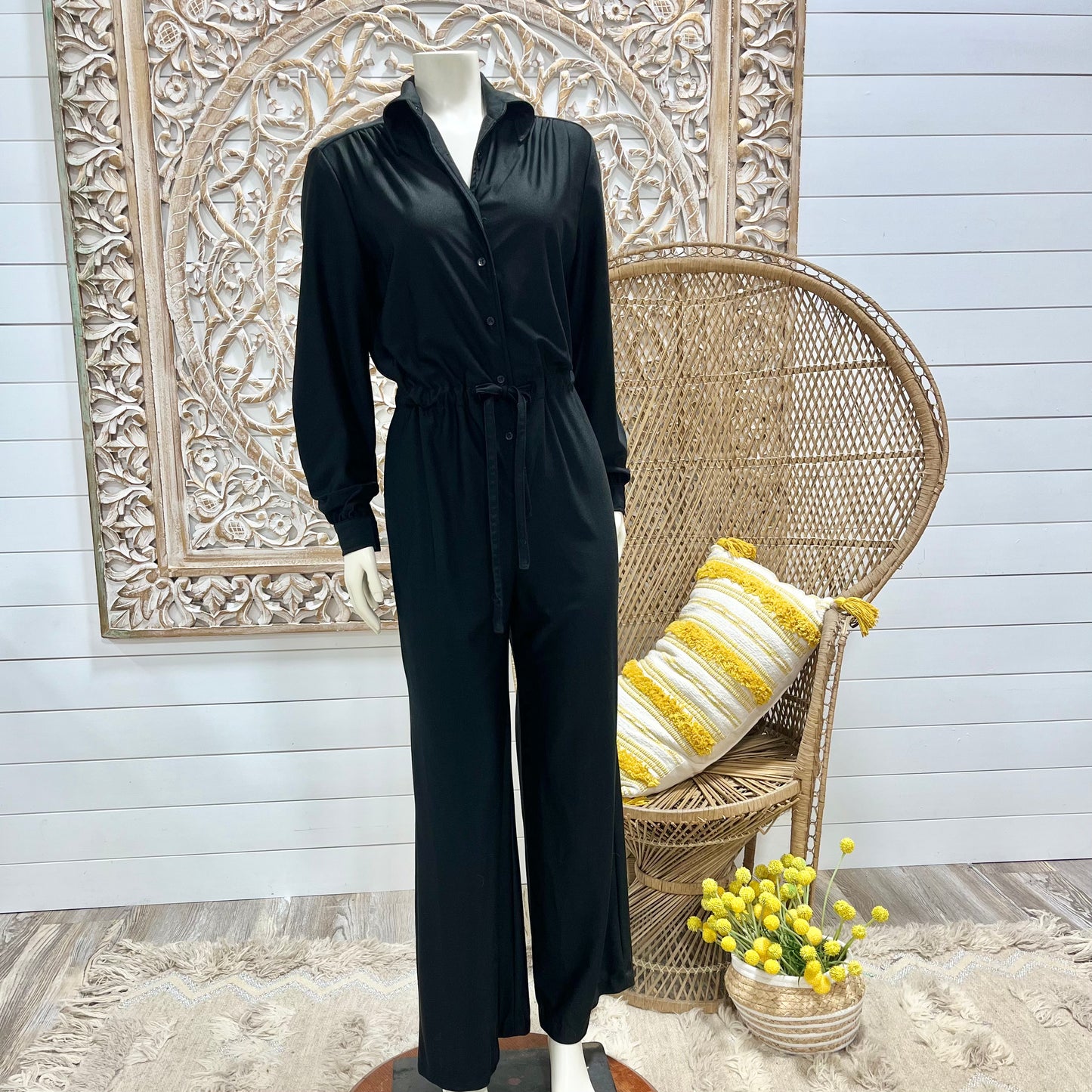 70s Vintage Slinky Disco Bell Bottom Drawstring Black Jumpsuit L