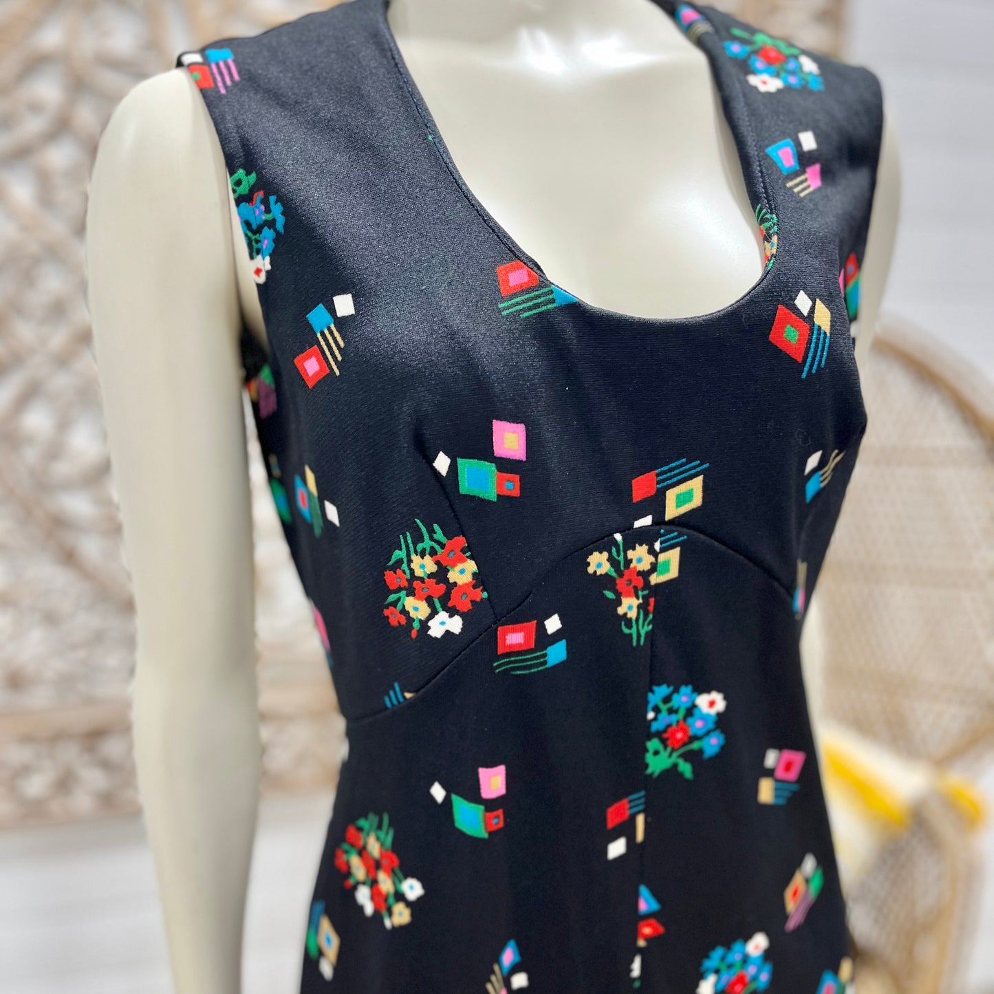 Vintage 70s Black Colorful Floral Geometric Maxi Dress L