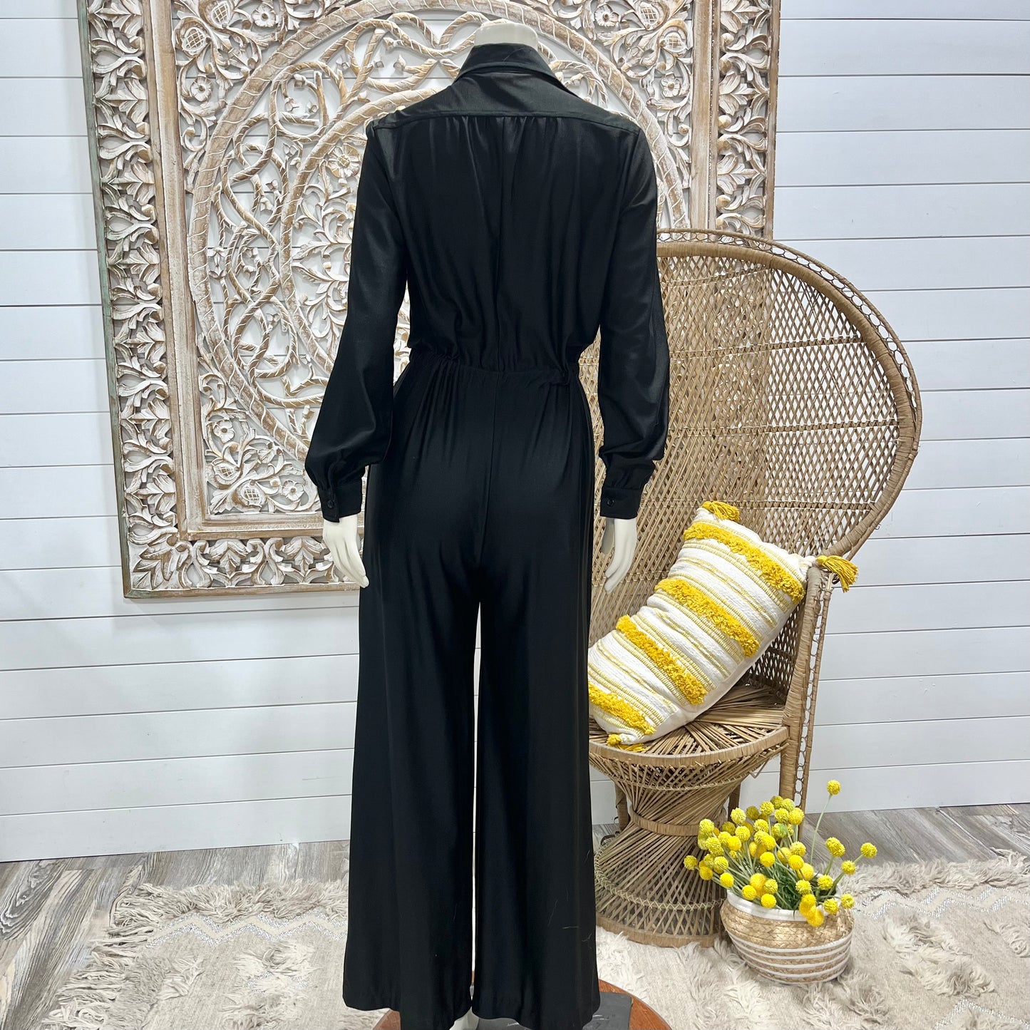 70s Vintage Slinky Disco Bell Bottom Drawstring Black Jumpsuit L