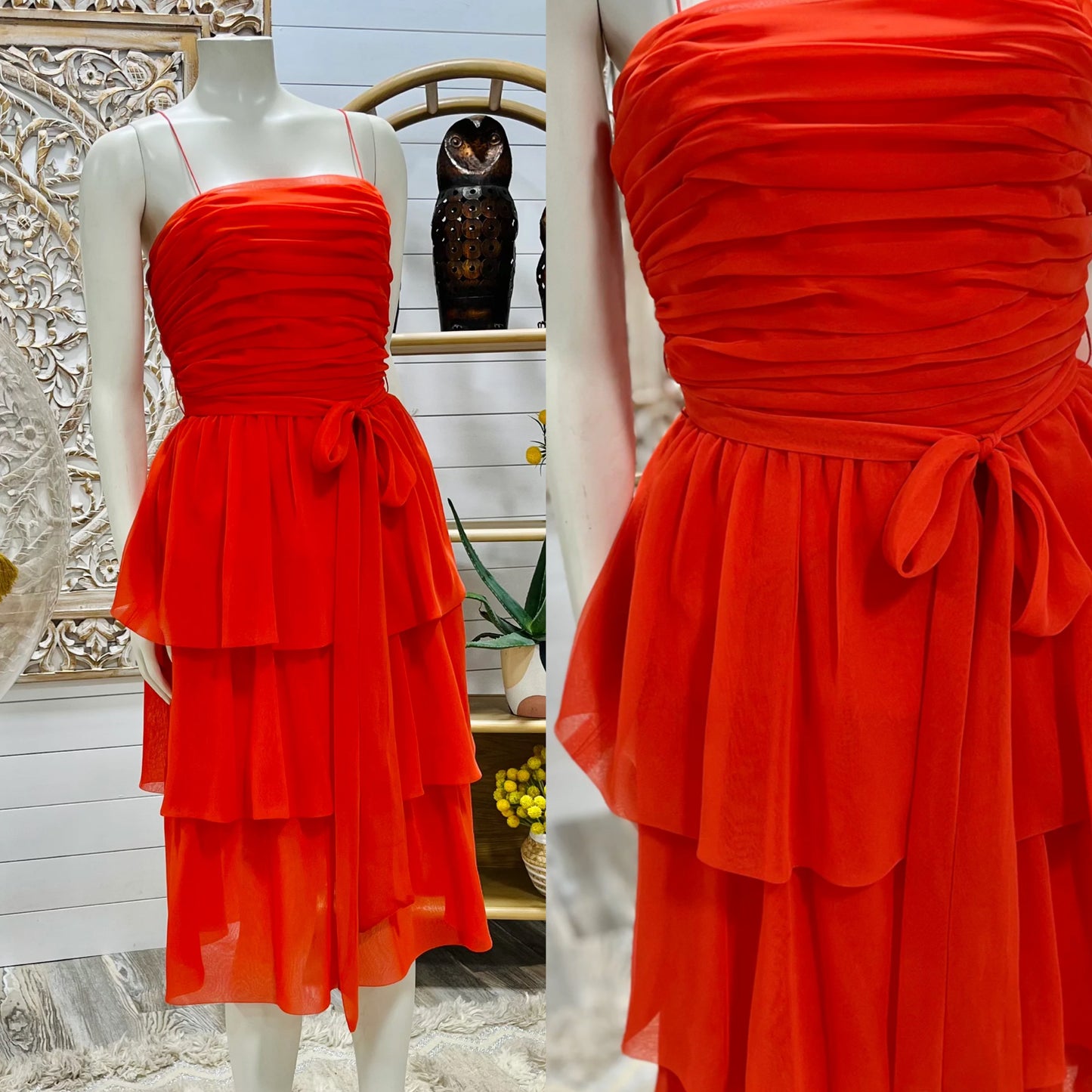 Vintage 70s Ruffle Orange Ruched Miss Elliette Evening Cocktail Dress S