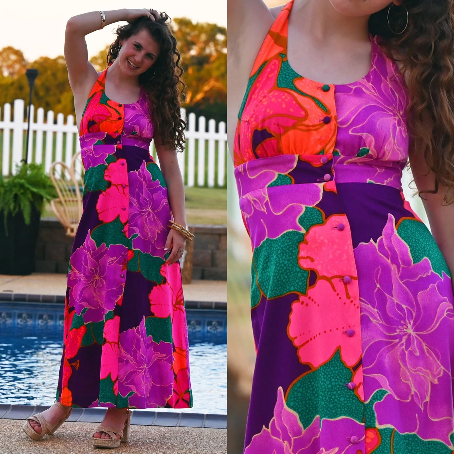 Vintage 60s Incredible Hawaiian Oversized Print Floral Halter Fumi Maxi Dress S