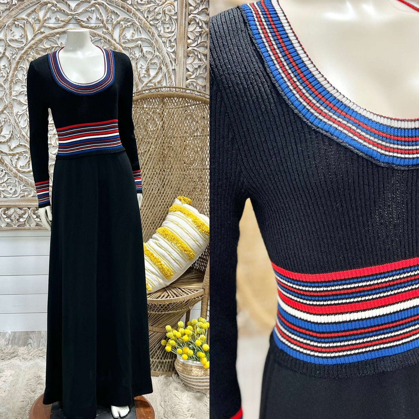 70s Vintage Giamo Striped Knit Body Con Maxi Dress S/M/L