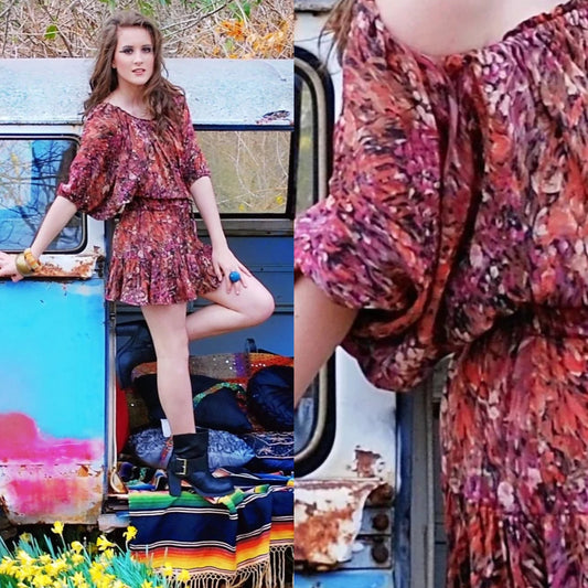 Vintage 70s Abstract Ruffle Puff Sleeve Dolman Mini Dress M