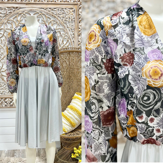 Vintage 70s Floral Sheer Top Boho Grey Dress M/L