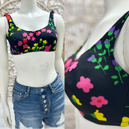 70s Vintage Adjustable Hippie Colorful Floral Bra Top Bikini XS/S