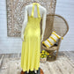 70s Sexy Yellow High Collar Jacquard Halter Hippie Vintage Maxi Dress