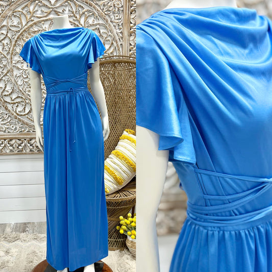 70s Vintage Flowing Blue Tie Up Cowl Flutter Maxi Dress S/M