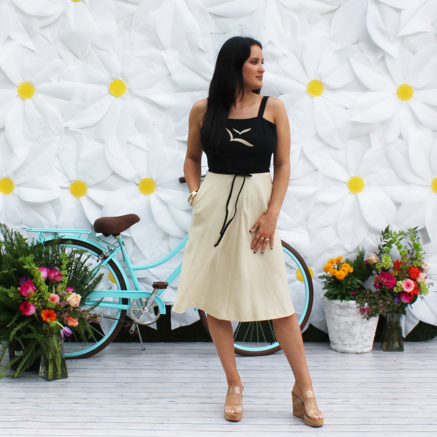 Vintage 70s Khaki Seagulls Two Tone Sundress and Belt XS