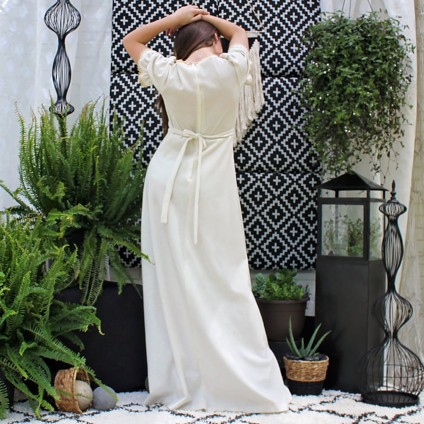 70's Ribbed Crochet Lace Cream Hippie Maxi Dress M