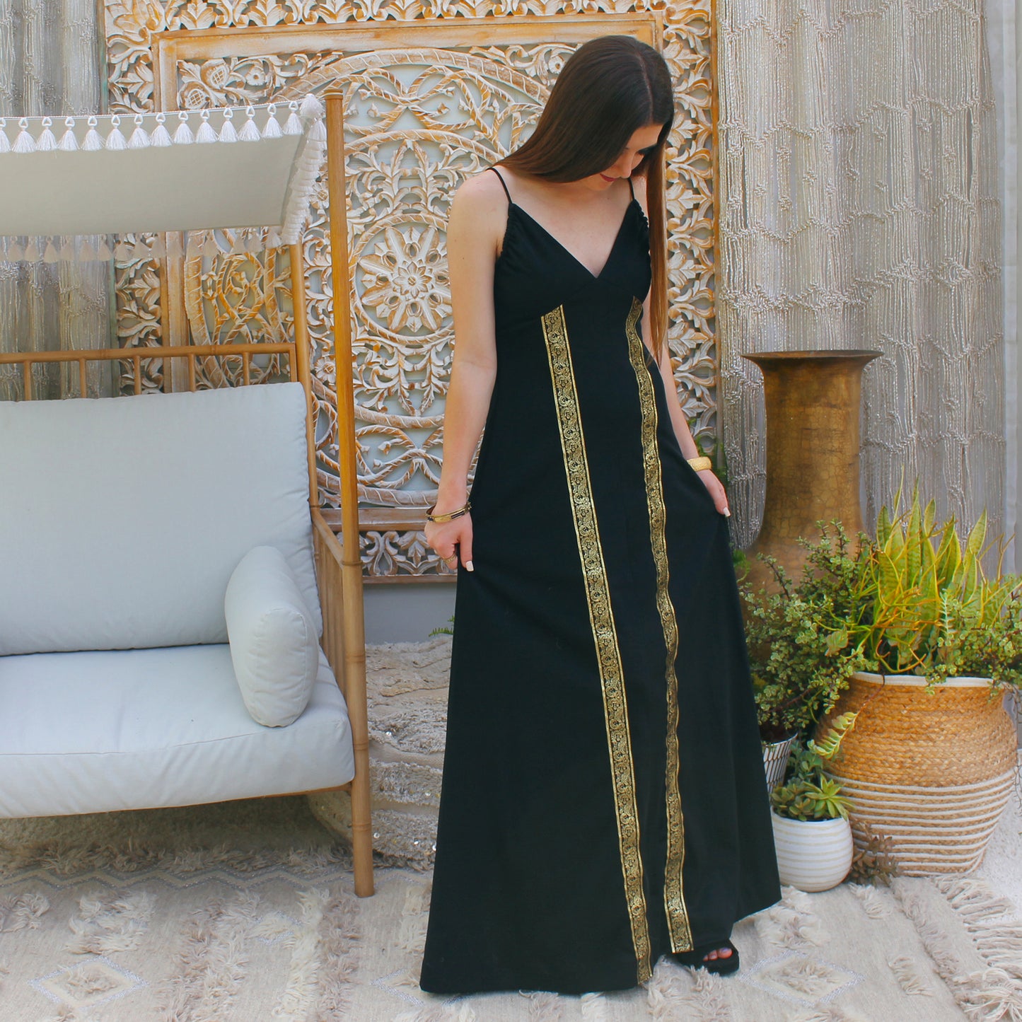 Vintage Grecian Goddess Trim 70s Black Gold Evening Dress M