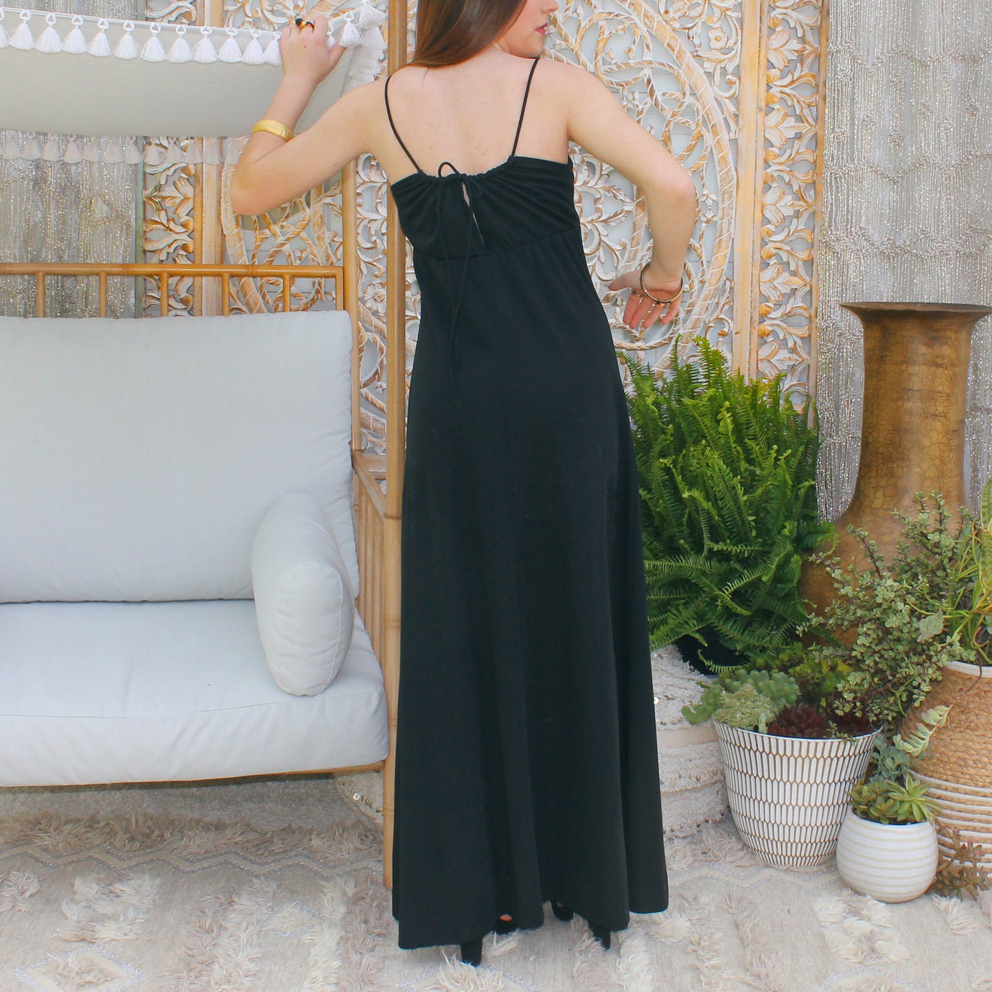 Vintage Grecian Goddess Trim 70s Black Gold Evening Dress M