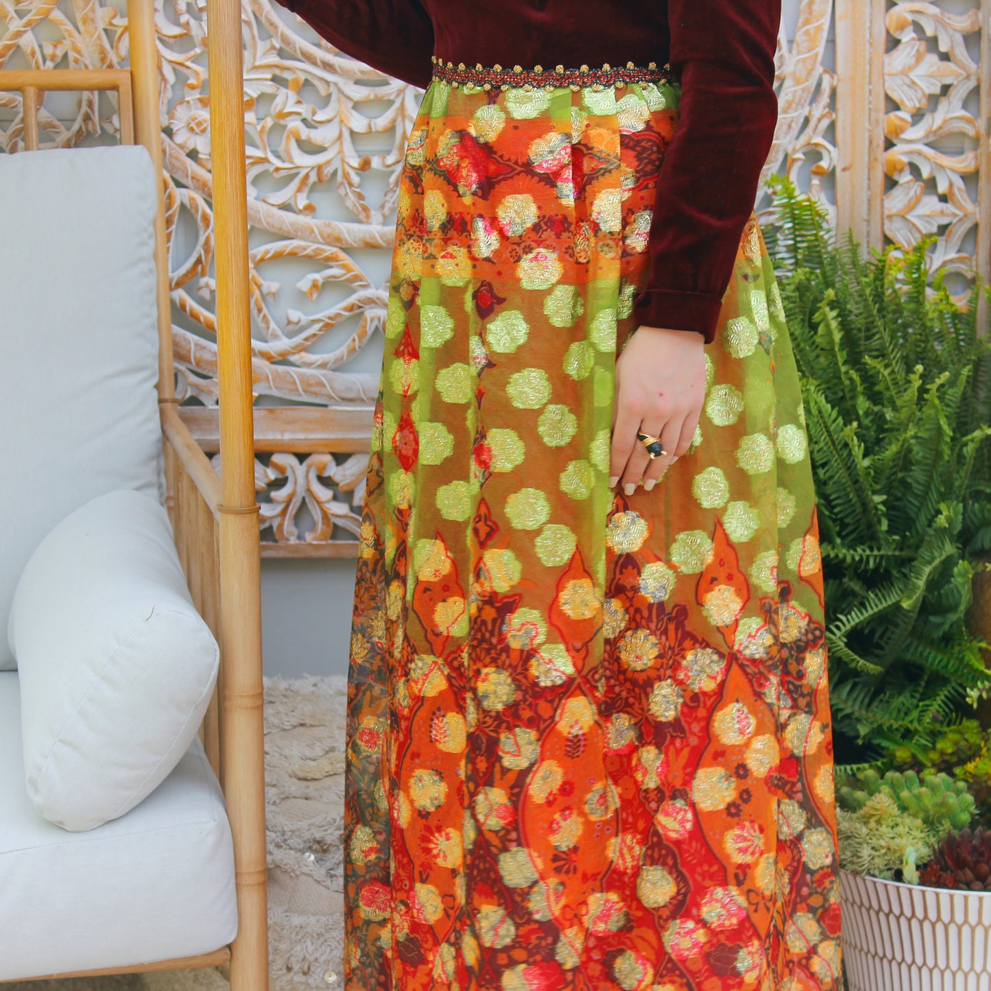 60s Vintage Moroccan Design Gold Lurex Velvet Evening Maxi Dress M