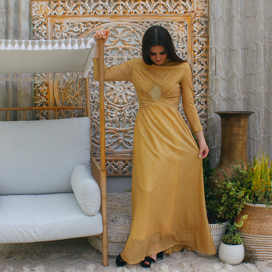 Vintage 60s Mod Shimmering Gold Lurex Evening Maxi Dress M