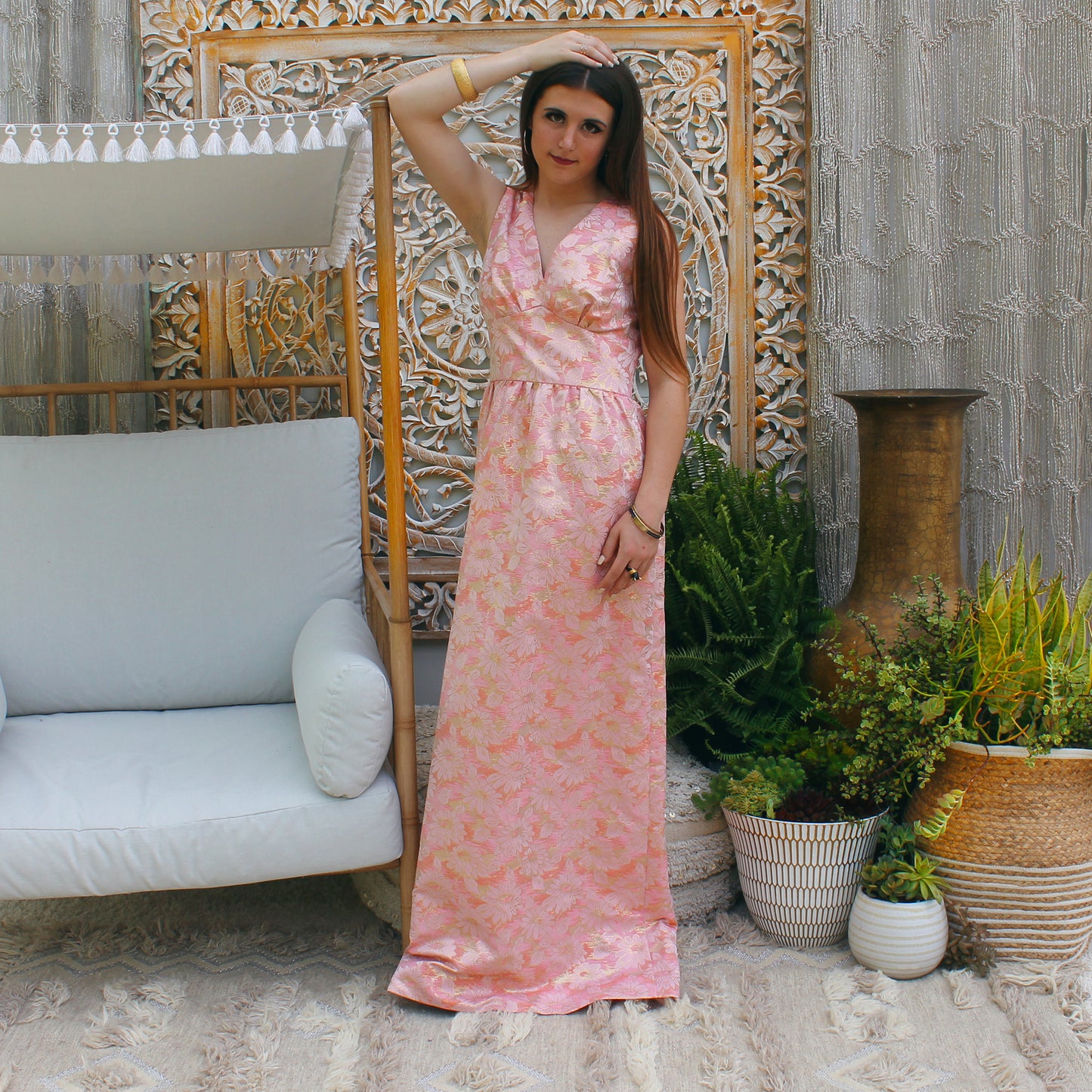 Vintage 60s Gold Pink Lurex Daisy Brocade Evening Gown M