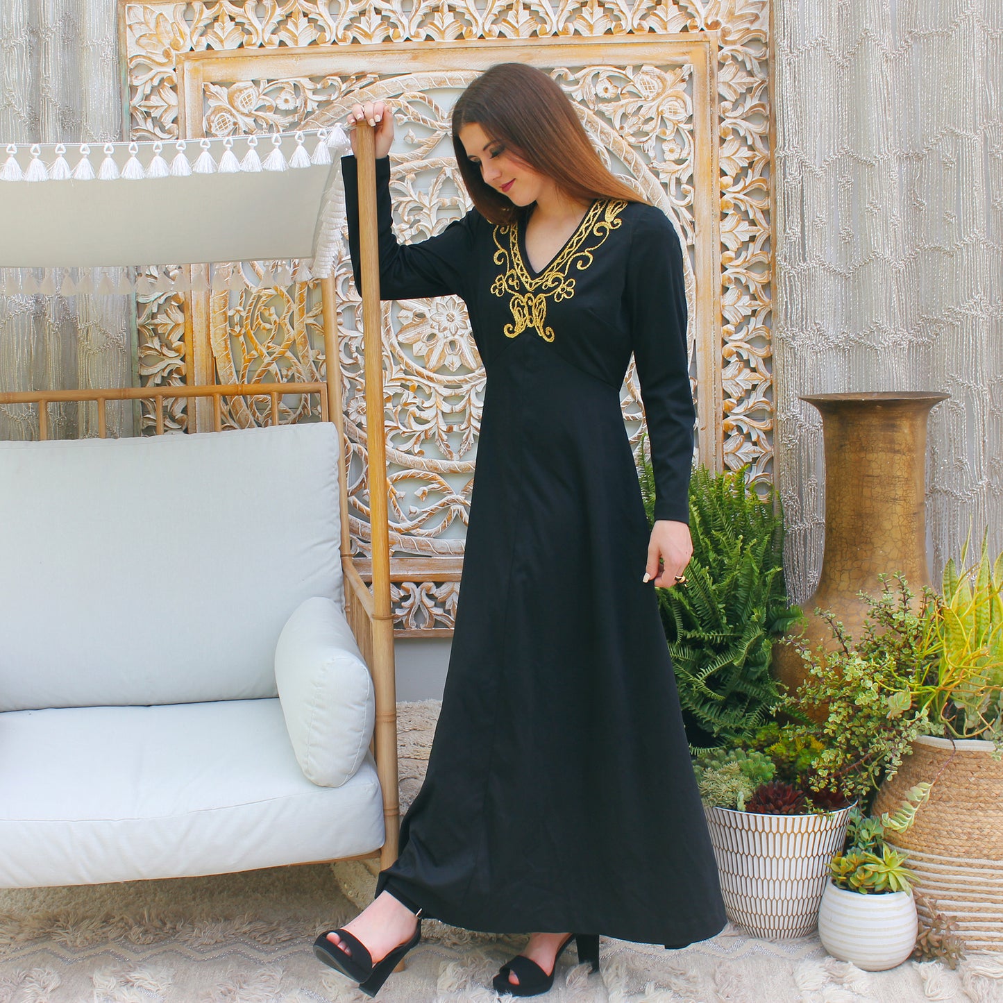 60s Gold Metallic Black Embroidered Vintage Maxi Dress L/XL