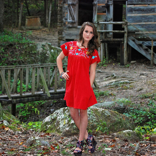 Vintage 80s Red Embroidered  Floral Yoke Mini Dress M