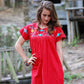 Vintage 80s Red Embroidered  Floral Yoke Mini Dress M