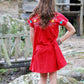 Vintage 80s Red Embroidered  Floral Yoke Mini Dress M