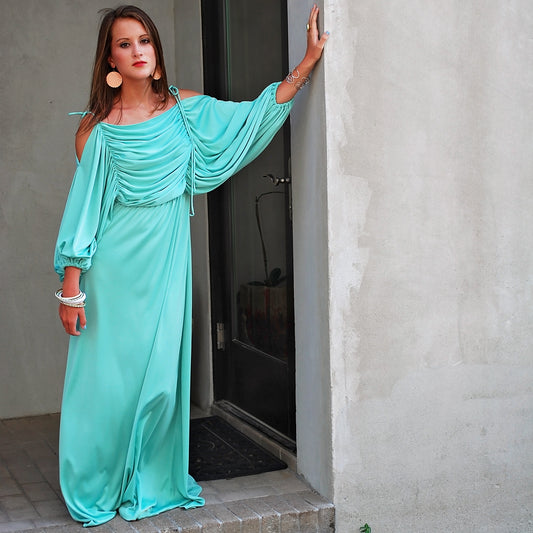 Vintage 70s Mint Billowy Ruched Draped Elegant Evening Maxi Dress M-XL