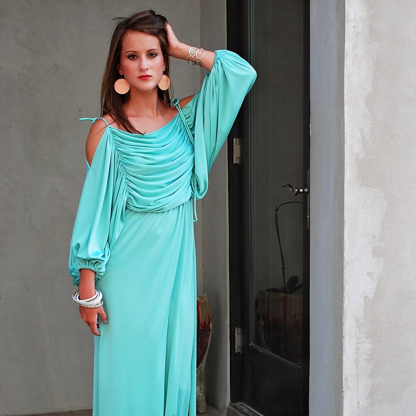 Vintage 70s Mint Billowy Ruched Draped Elegant Evening Maxi Dress M-XL