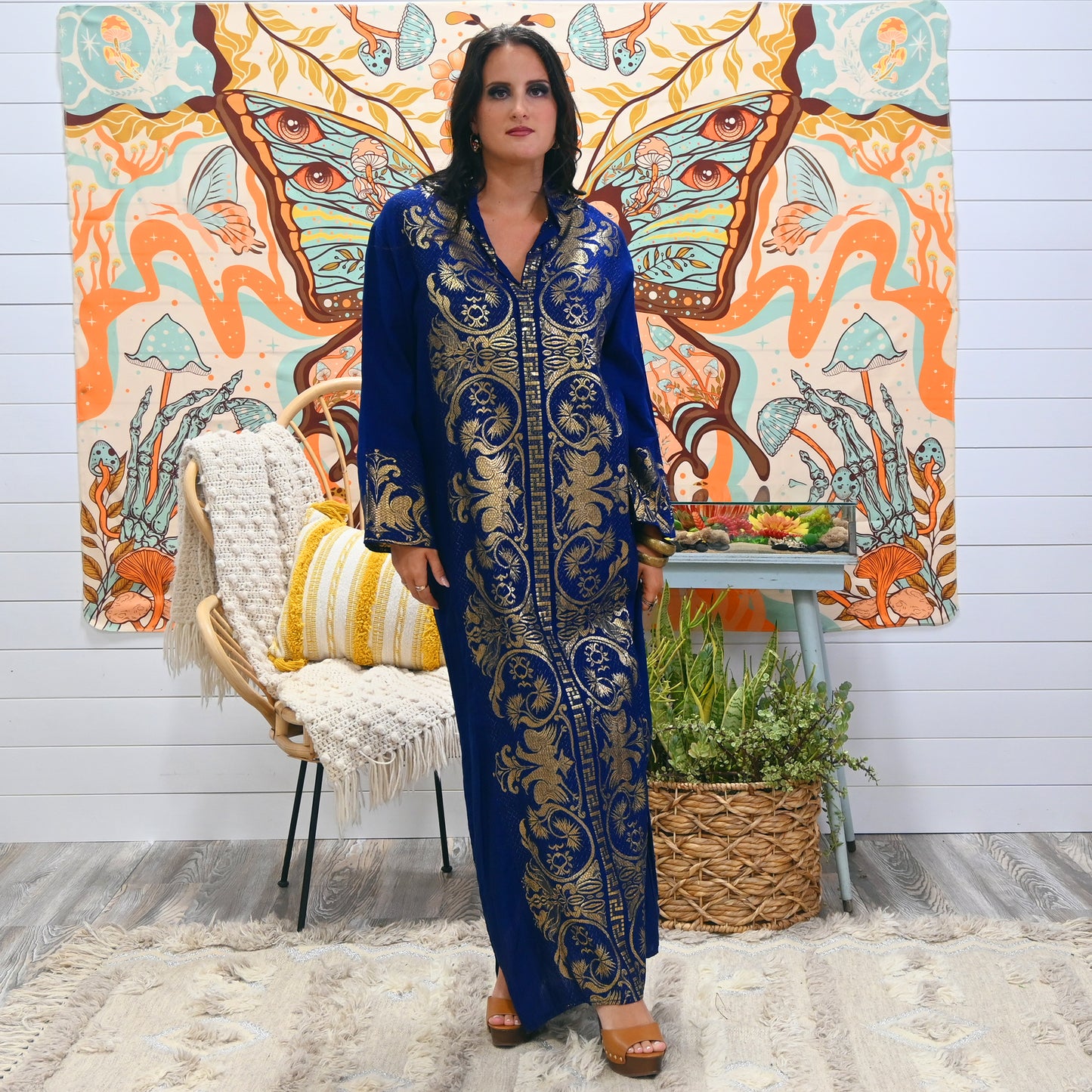 Vintage 60s Gold Metallic Birds Shimmering Blue Kaftan Caftan