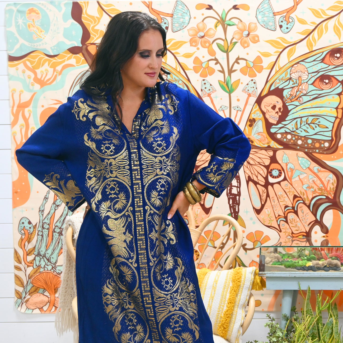 Vintage 60s Gold Metallic Birds Shimmering Blue Kaftan Caftan