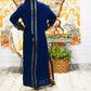 Vintage 60s Gold Metallic Birds Shimmering Blue Kaftan Caftan