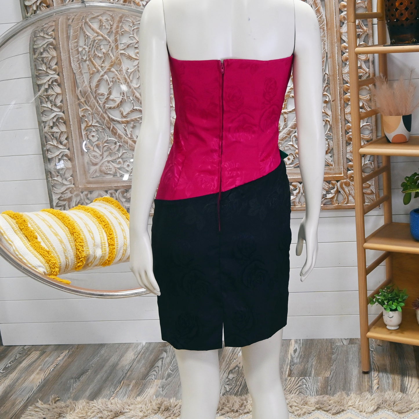 80s Vintage Hot Pink Ruched Color-block Cocktail Party Mini Dress S