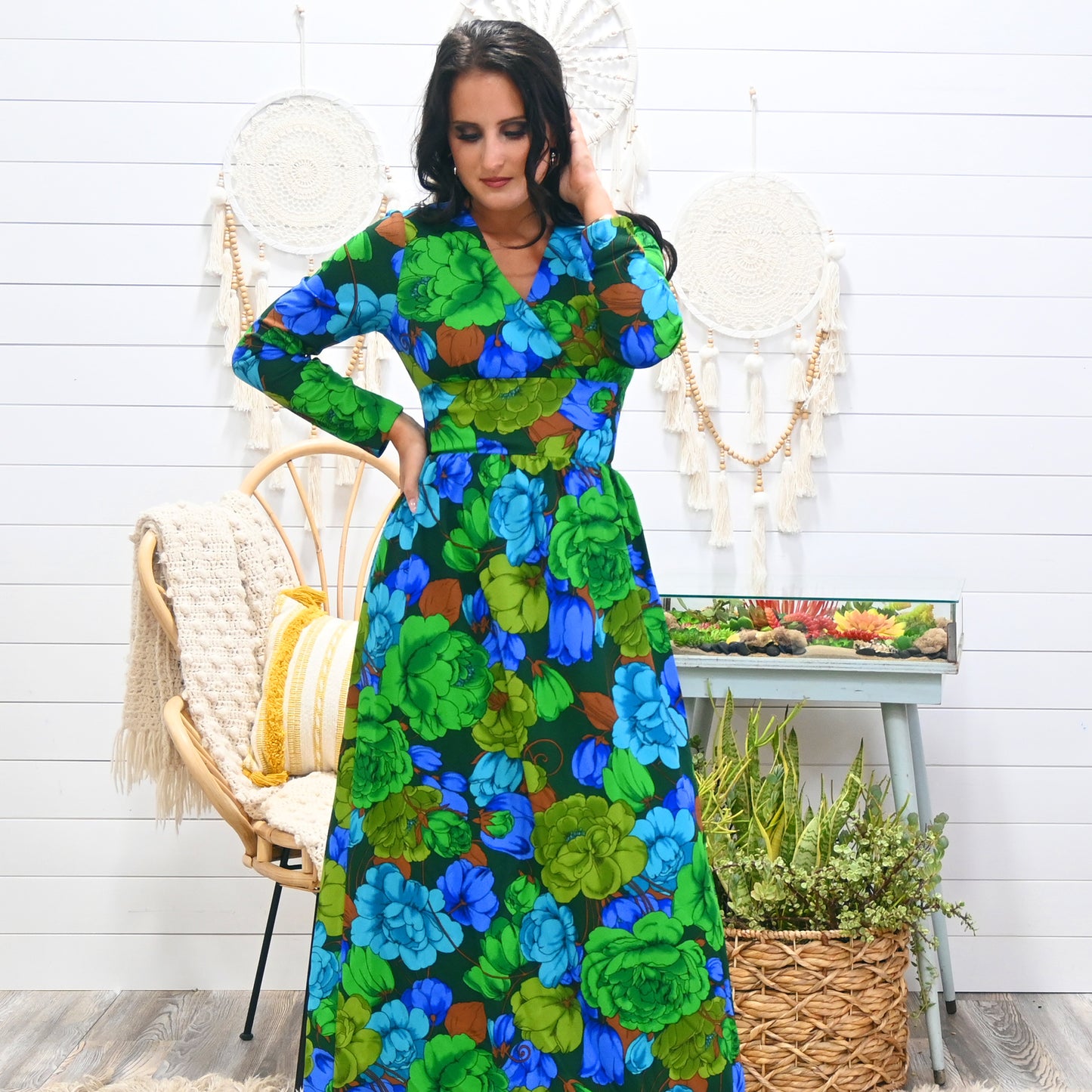 Vintage 70s Oversized Floral Peony Shocking Blue Green Maxi Dress S