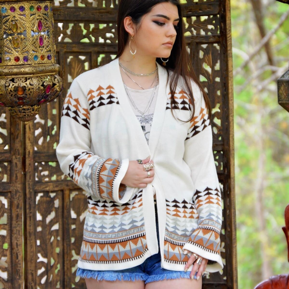 Vintage 70s Bohemian Tribal Cardigan Sweater Jacket L