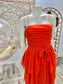 Vintage 70s Ruffle Orange Ruched Miss Elliette Evening Cocktail Dress S