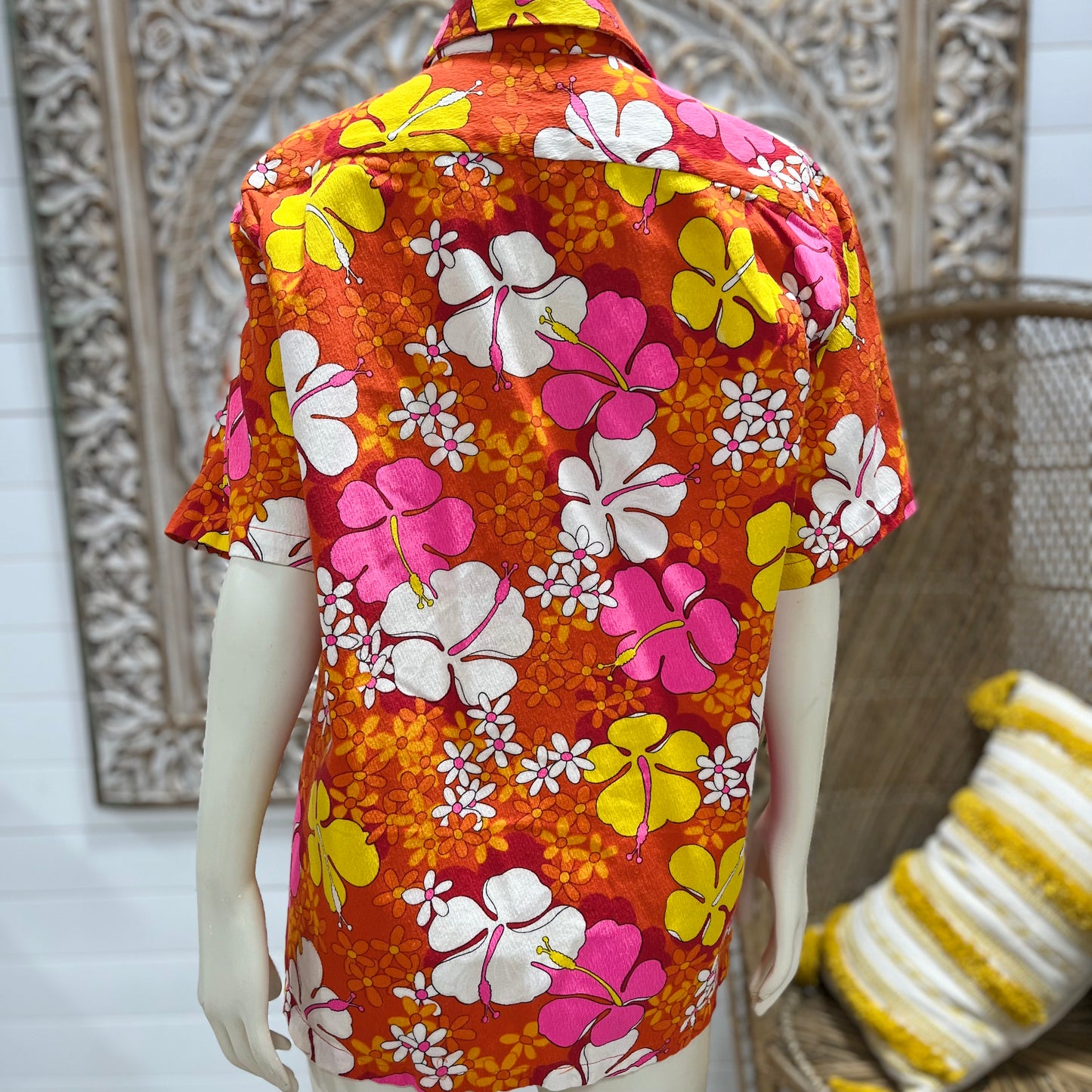 Vintage 70s Hawaiian Neon Wedding Honeymoon Couples Set Maxi Dress Shirt