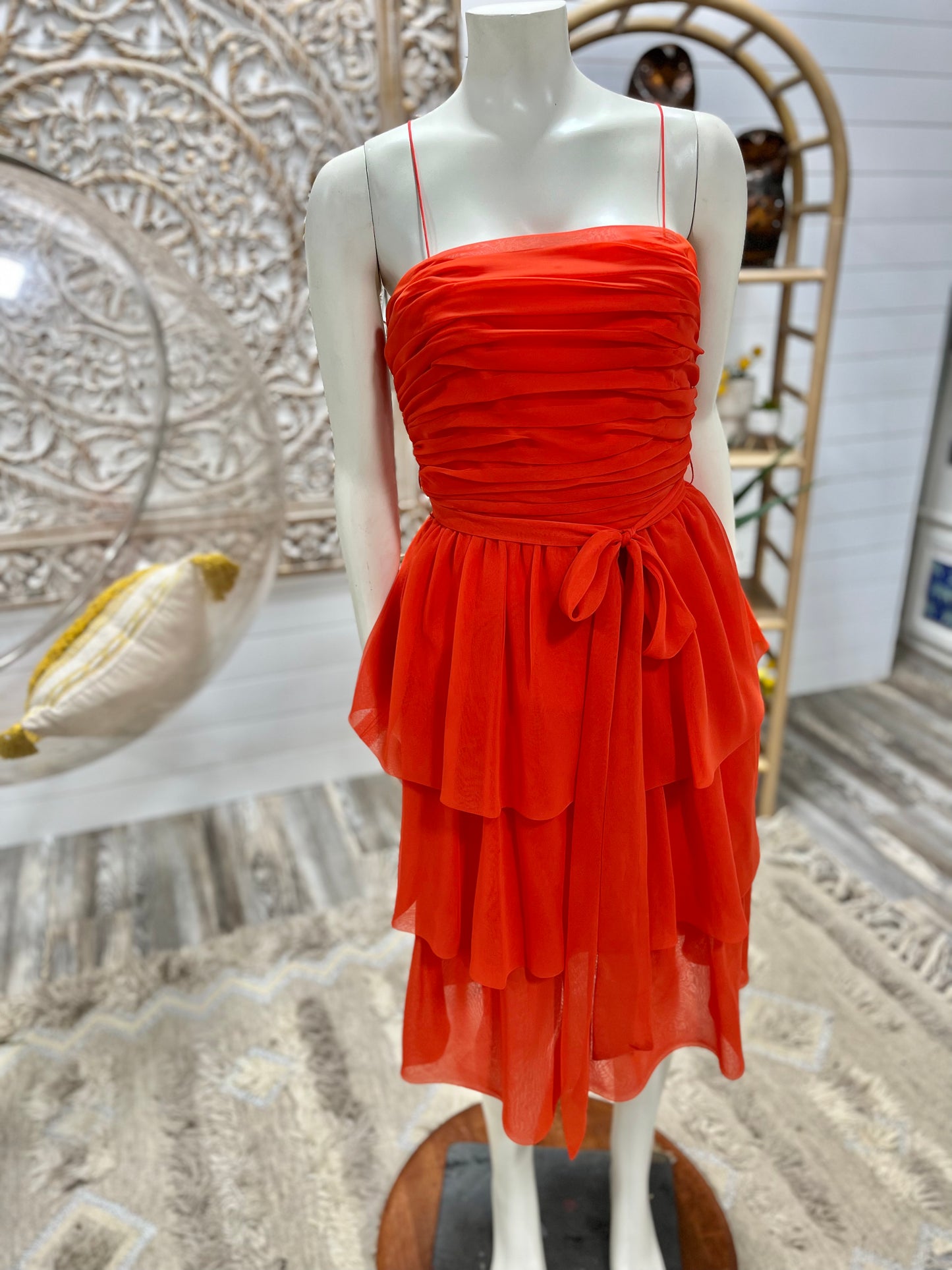 Vintage 70s Ruffle Orange Ruched Miss Elliette Evening Cocktail Dress S